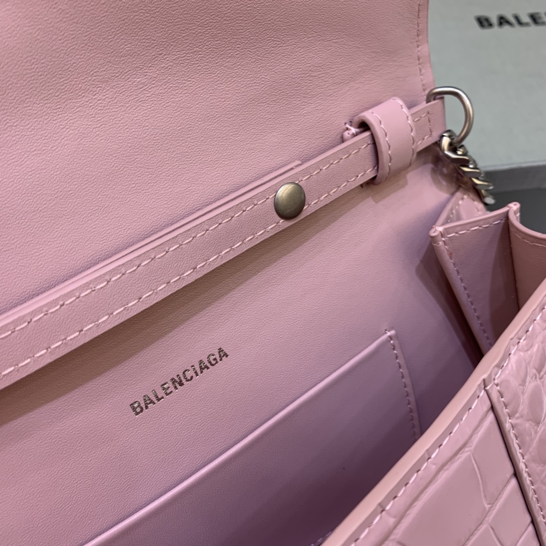 Balenciaga Big Hourglass Wallet With Chain Crocodile Embossed Shoulder Bag Light Pink